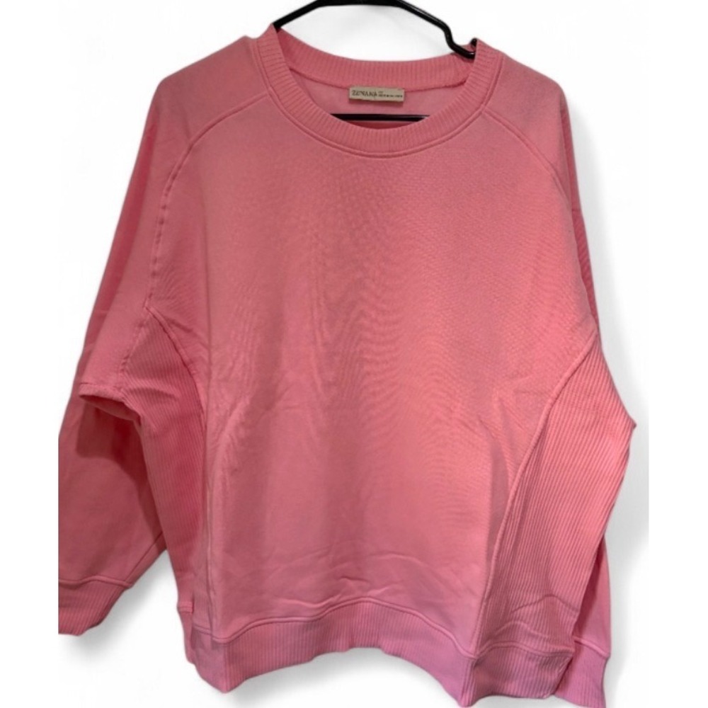 Pink Womens Zenana Ribbed Side Panel Crew Neck Sweatshirt
